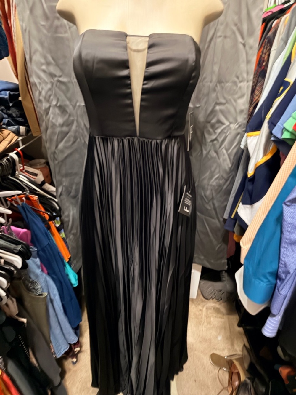Lulu's Black Strapless Pleated Maxi Dress with Sheer Center Panel